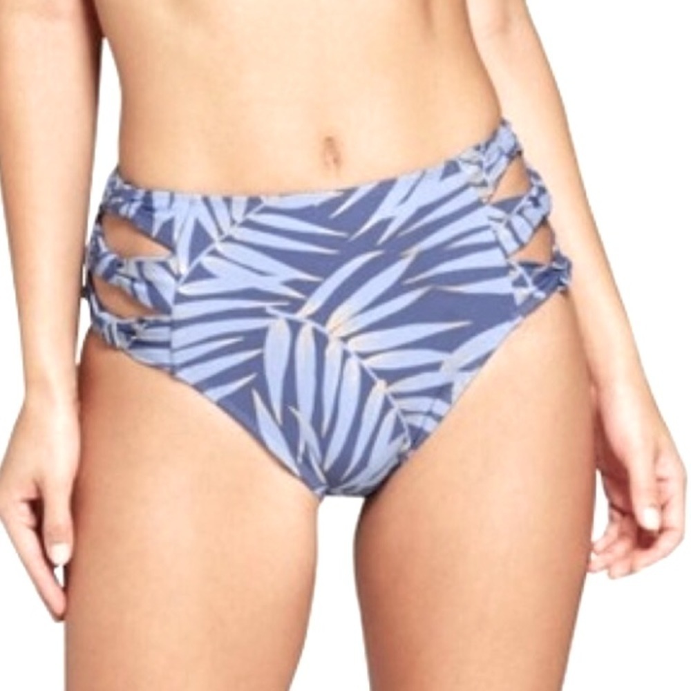 Xhiliration Blue Palm print High Waist Swimsuit Bikini Bottom